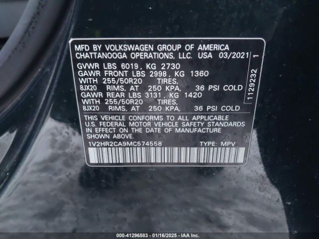 1V2HR2CA9MC574558 Volkswagen Atlas 3.6l V6 Se W/technology