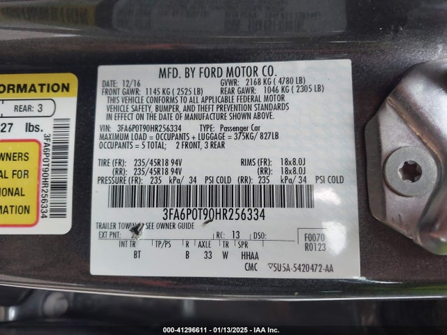Ford FUSION SE 2017 3FA6P0T90HR256334 Image 9