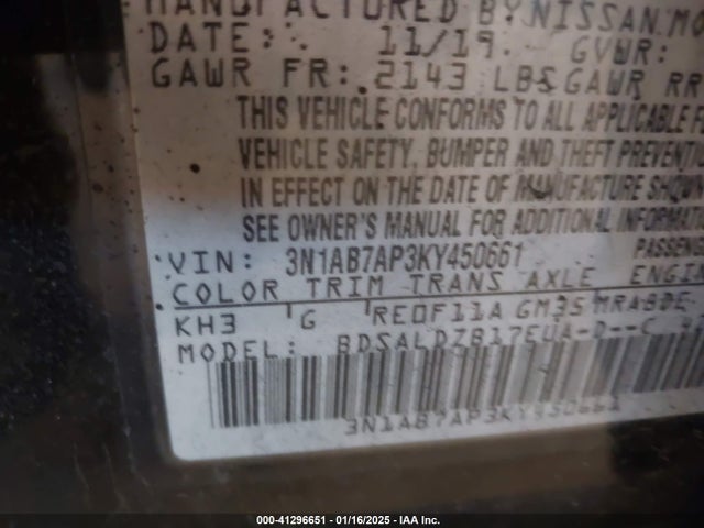 3N1AB7AP3KY450661 Nissan SENTRA SV