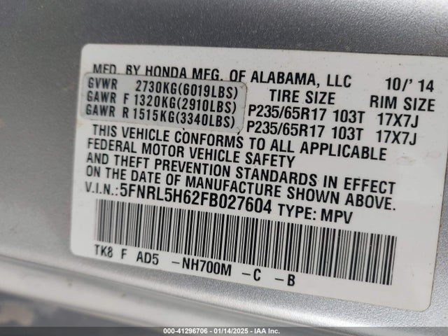 Honda Odyssey Ex-l 2015 5FNRL5H62FB027604 Image 9