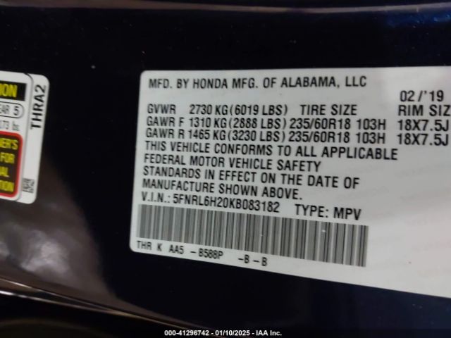 5FNRL6H20KB083182 Honda ODYSSEY LX