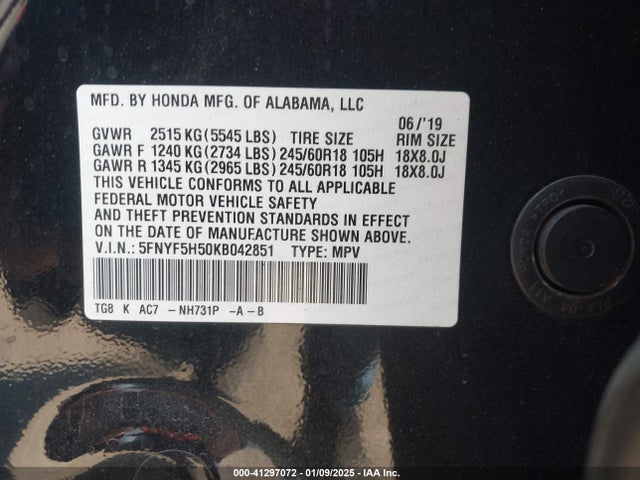 5FNYF5H50KB042851 Honda Pilot Ex-l