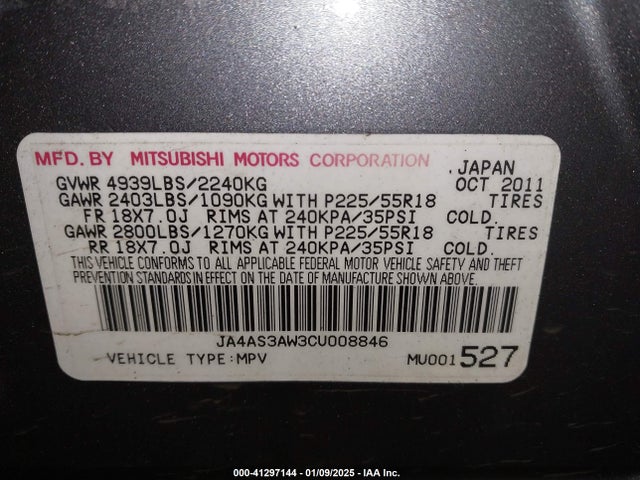 Продаж на аукціоні авто 2012 Mitsubishi Outlander Se, vin: JA4AS3AW3CU008846, номер лоту: 41297144