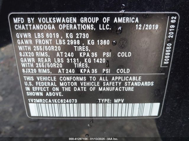 1V2MR2CA1KC624073 Volkswagen Atlas 3.6l V6 Sel
