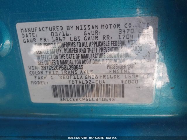 3N1CE2CP5GL390645 Nissan Versa Note Sv