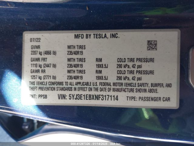 5YJ3E1EBXNF317114 Tesla Model 3 Long Range Dual Motor All-wheel Drive