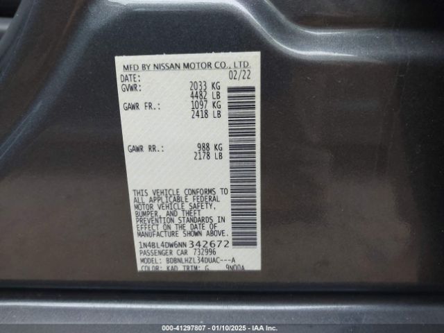 1N4BL4DW6NN342672 Nissan Altima Sv Intelligent Awd