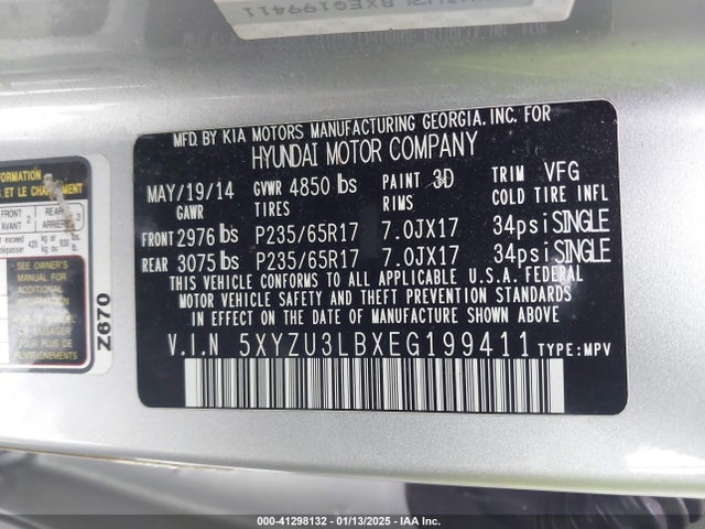 5XYZU3LBXEG199411 Hyundai Santa Fe Sport 2.4l