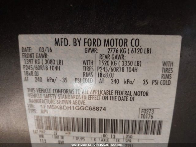 1FM5K8DH1GGC68874 Ford EXPLORER XLT