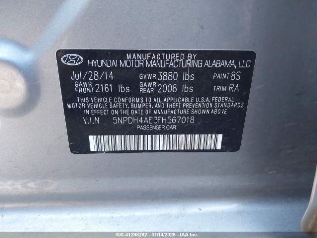 5NPDH4AE3FH567018 Hyundai ELANTRA SE