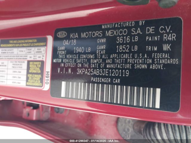 3KPA25AB3JE120119 KIA RIO S
