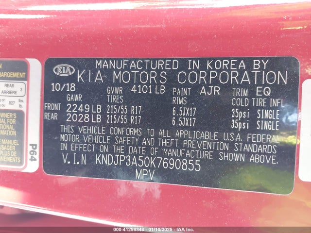 KIA SOUL + 2019 KNDJP3A50K7690855 Image 9