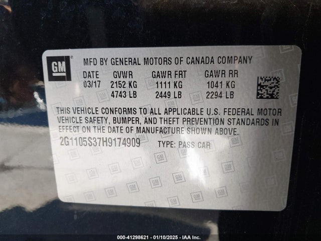 Chevrolet IMPALA 1LT 2017 2G1105S37H9174909 Image 9