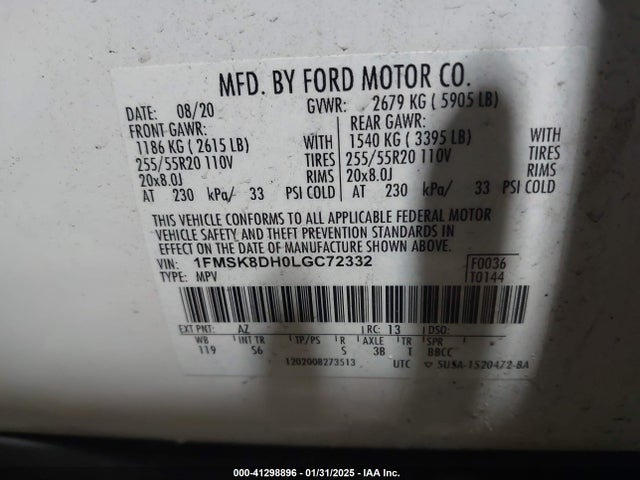 1FMSK8DH0LGC72332 Ford EXPLORER XLT