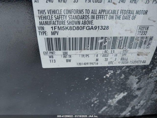 Ford EXPLORER XLT 2015 1FM5K8D80FGA91328 Image 9