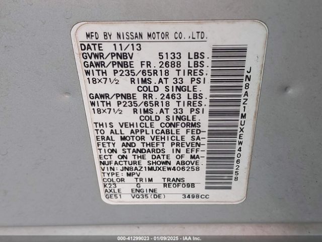 JN8AZ1MUXEW406258 Nissan MURANO SV