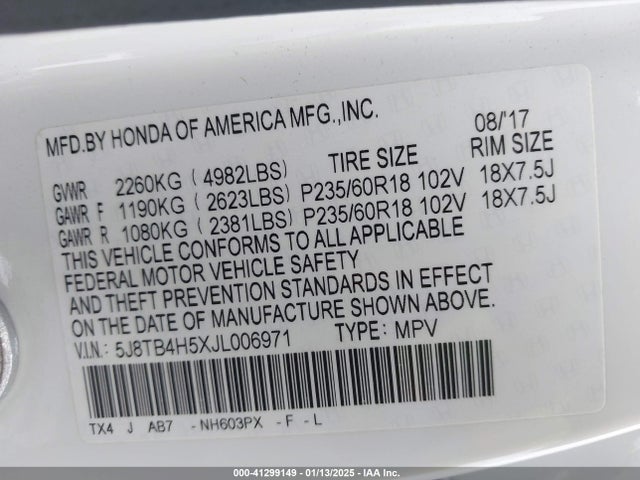 5J8TB4H5XJL006971 Acura Rdx Technology   Acurawatch Plus Packages/technology Package