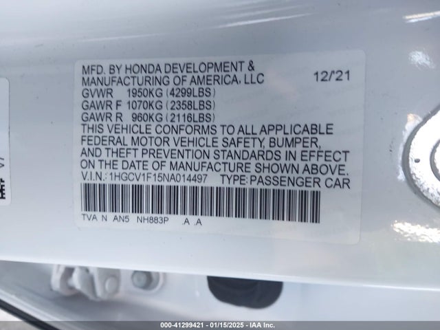 1HGCV1F15NA014497 Honda l15be