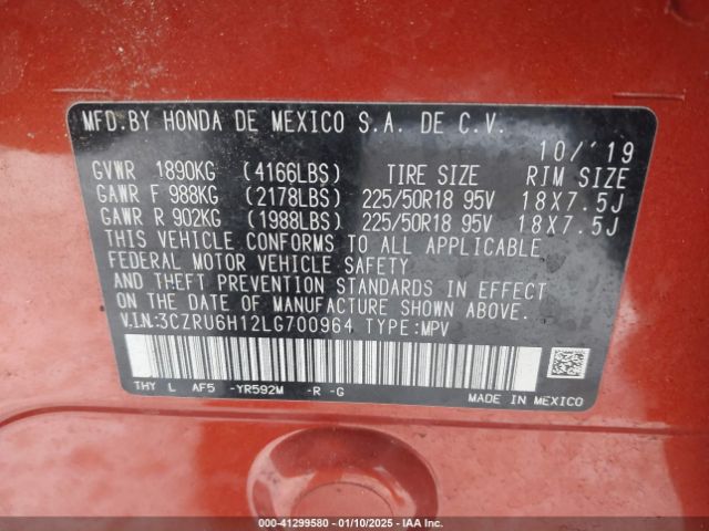 3CZRU6H12LG700964 Honda Hr-v Awd Sport