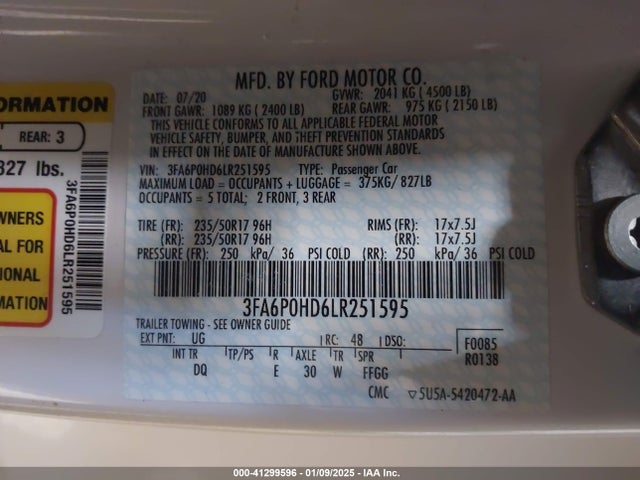 Ford FUSION SE 2020 3FA6P0HD6LR251595 Image 9