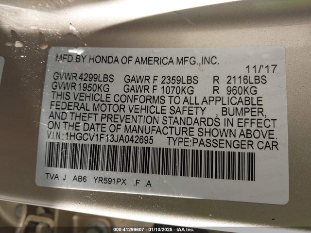 Honda ACCORD LX 2018 1HGCV1F13JA042695 Image 9