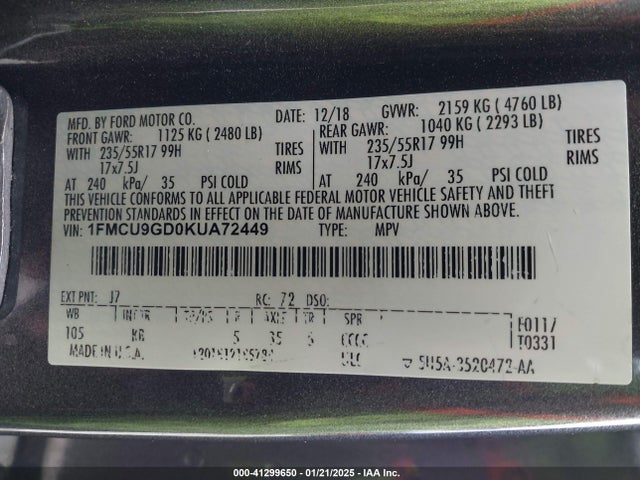 1FMCU9GD0KUA72449 Ford ESCAPE SE