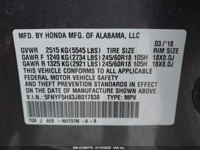 5FNYF5H83JB017838 Honda Pilot Ex-l