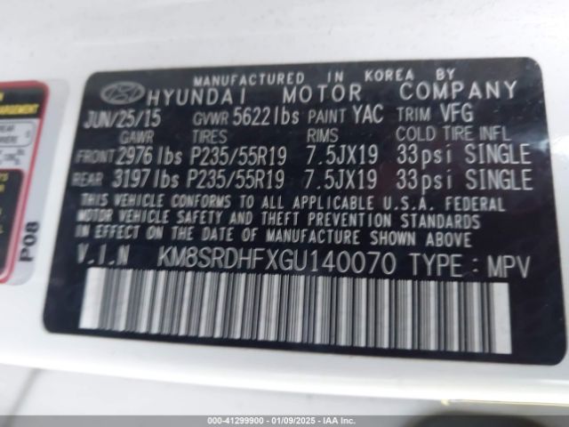 KM8SRDHFXGU140070 Hyundai Santa Fe Se