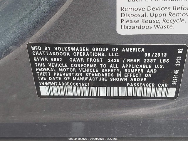 1VWBN7A30EC001521 Volkswagen Passat 2.0l Tdi Se