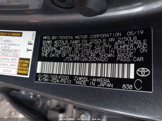 JTDL9RFU6K3009420 Toyota Prius Le