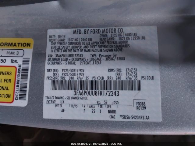 3FA6P0UU8FR172343 Ford Fusion Hybrid S