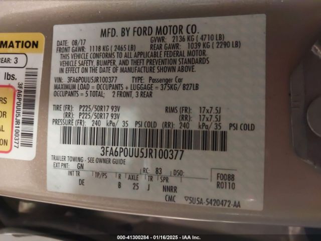 3FA6P0UU5JR100377 Ford Fusion Hybrid S