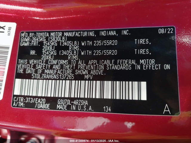 5TDLZRAH6NS137265 Toyota Highlander Xse