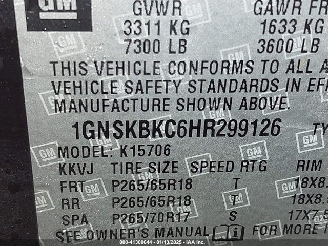 1GNSKBKC6HR299126 Chevrolet Tahoe K1500 Lt