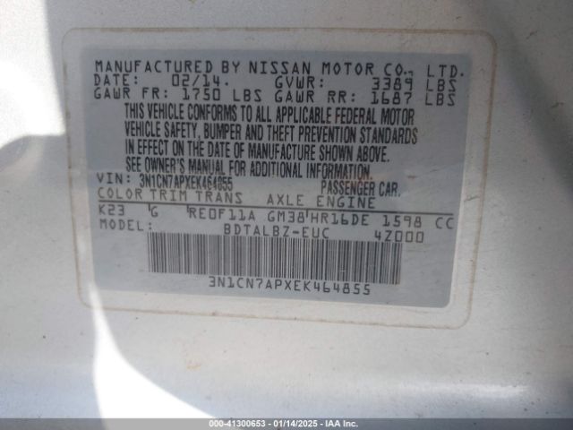 3N1CN7APXEK464855 Nissan Versa 1.6 S/1.6 S+/1.6 Sl/1.6 Sv