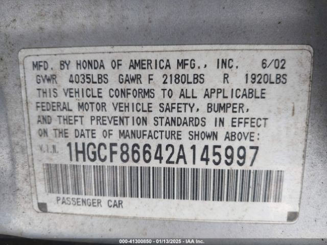 2002 HONDA ACCORD SDN 1HGCF86642A145997 Photo 8