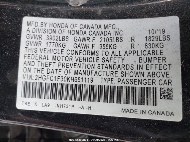 Honda CIVIC EX 2019 2HGFC1F30KH651119 Image 9