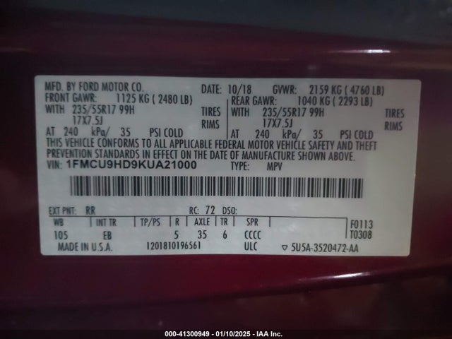 1FMCU9HD9KUA21000 Ford ESCAPE SEL