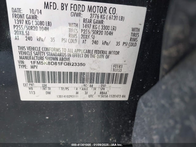 Ford EXPLORER XLT 2015 1FM5K8D81FGB23350 Image 9