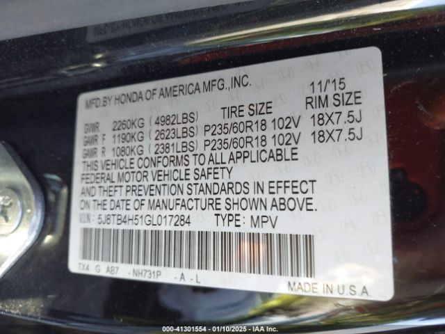 5J8TB4H51GL017284 Acura Rdx Technology   Acurawatch Plus Packages/technology Package