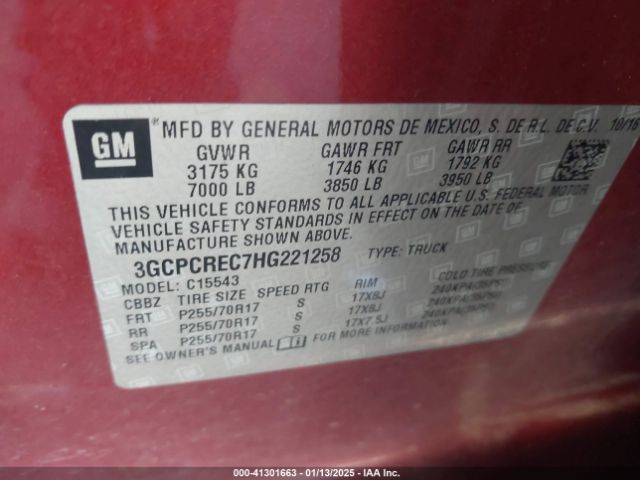 3GCPCREC7HG221258 Chevrolet Silverado 1500 1lt