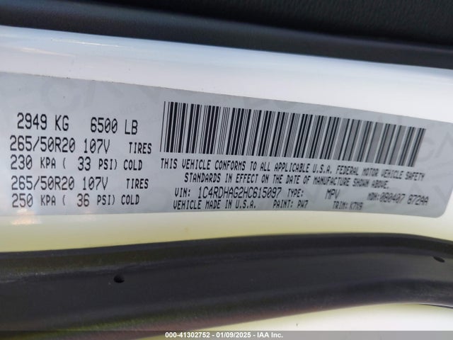 1C4RDHAG2HC615097 Dodge Durango Sxt Rwd