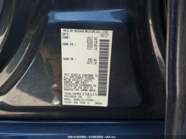 Aukcja sprzedaży 2017 Nissan Altima 2.5 Sv, vin: 1N4AL3AP9HC238115, numer aukcji: 41303093