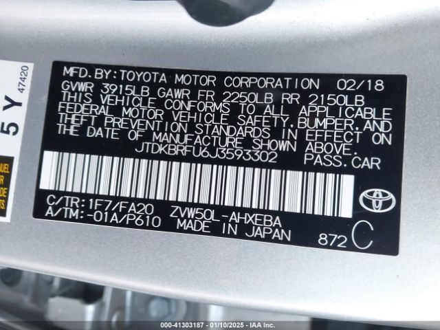 JTDKBRFU6J3593302 Toyota Prius Two