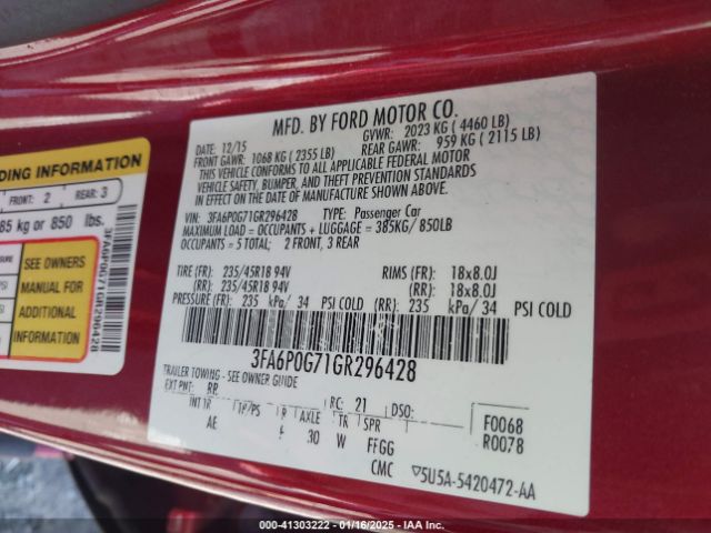 3FA6P0G71GR296428 Ford FUSION S