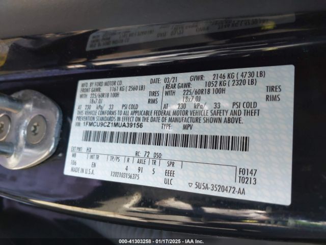 1FMCU9CZ1MUA39156 Ford Escape Sel Hybrid