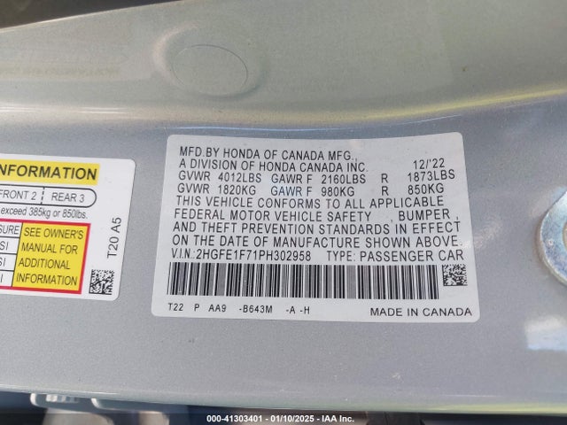 Honda Civic Ex /ex W/o Bsi 2023 2HGFE1F71PH302958 Image 9