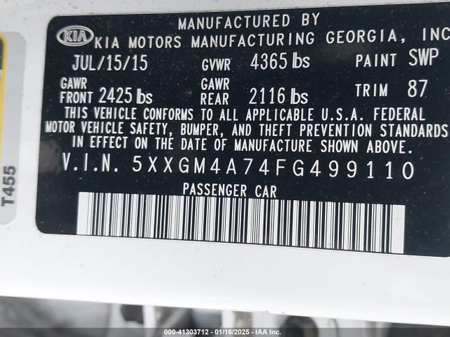5XXGM4A74FG499110 KIA Optima Lx