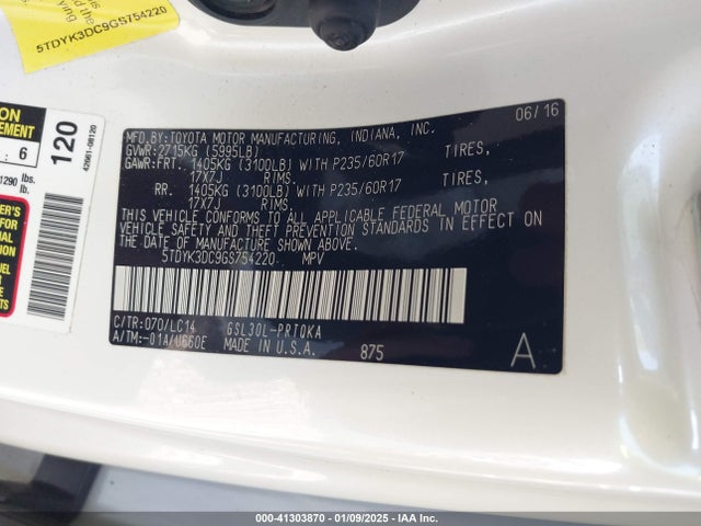 5TDYK3DC9GS754220 Toyota Sienna Xle Premium 8 Passenger