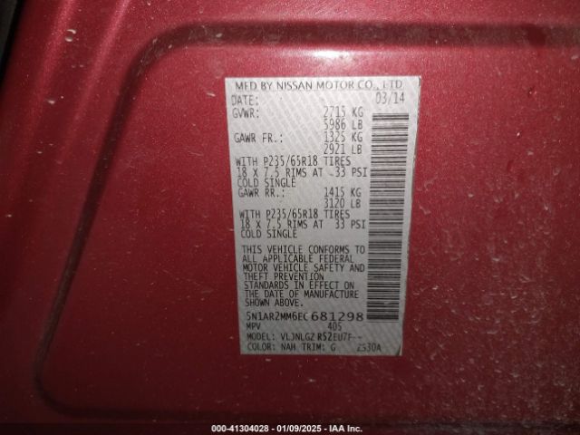 5N1AR2MM6EC681298 Nissan Pathfinder Sl